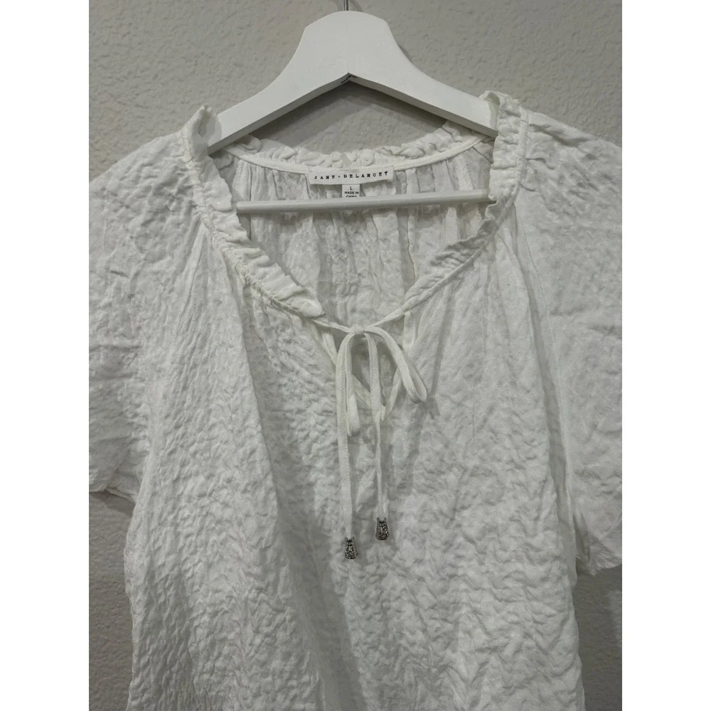 Jane + Delancey White Textured Short Sleeve Blouse‎ Tie Neck Elastic Hem Large